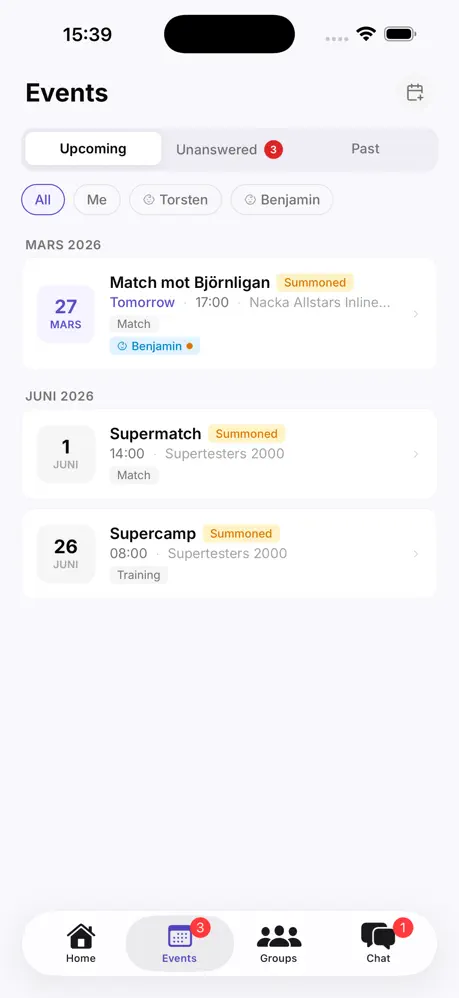 Events list in the Drop In Hockey app