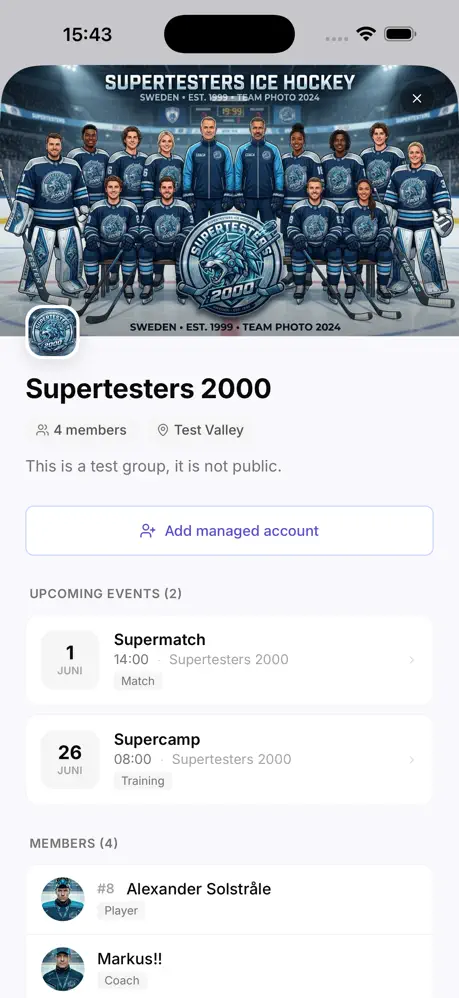 Group view with members in the Drop In Hockey app